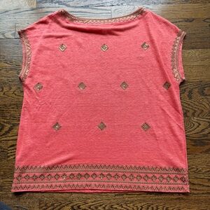 J Jill Linen Embellished Sequin Embroidered Detail Coral Top S
